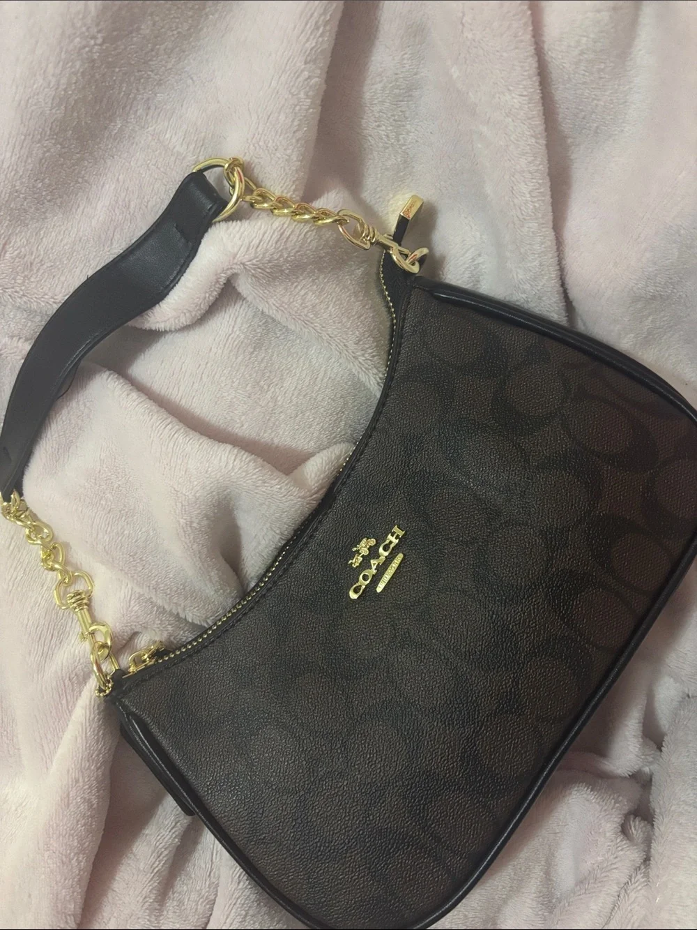 Coach Dark Brown Signature Canvas Shoulder Bag with Gold Hardware